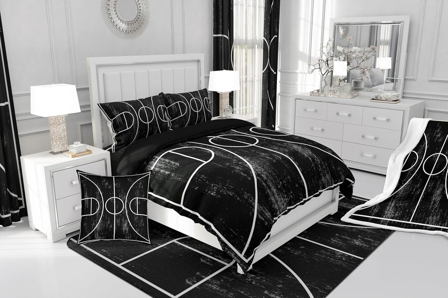 Feelyou Basketball Polyester Bath Rug Black White Soft Fleece Door Carpet for Kids Boys Girls Basketball Court Print Non Slip Bath Mat Ball Game Bathroom Floor Indoor Doormat,20x32 Inch