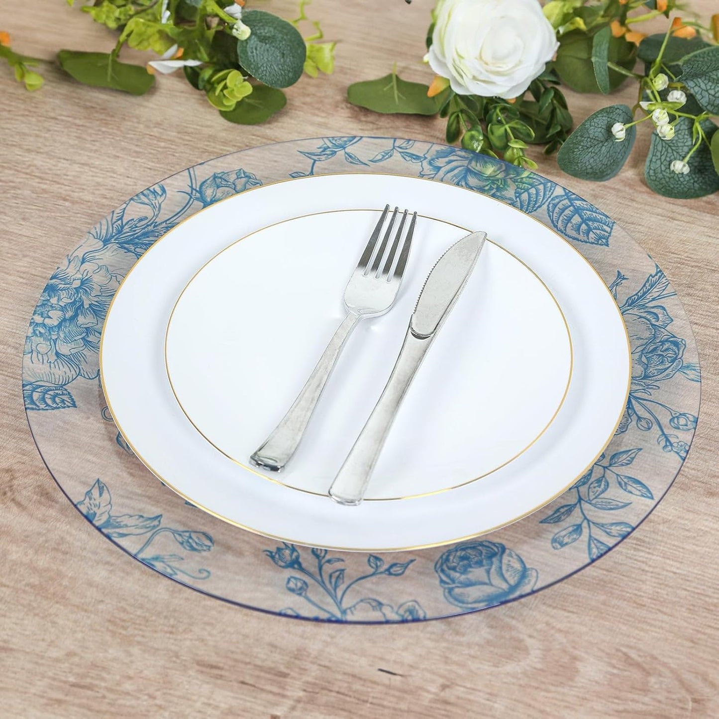 Efavormart 6 Pack Floral Acrylic Charger Plates in French Toile Pattern, Clear Light Blue Round Dinner Charger Event Tabletop Decor - 13"