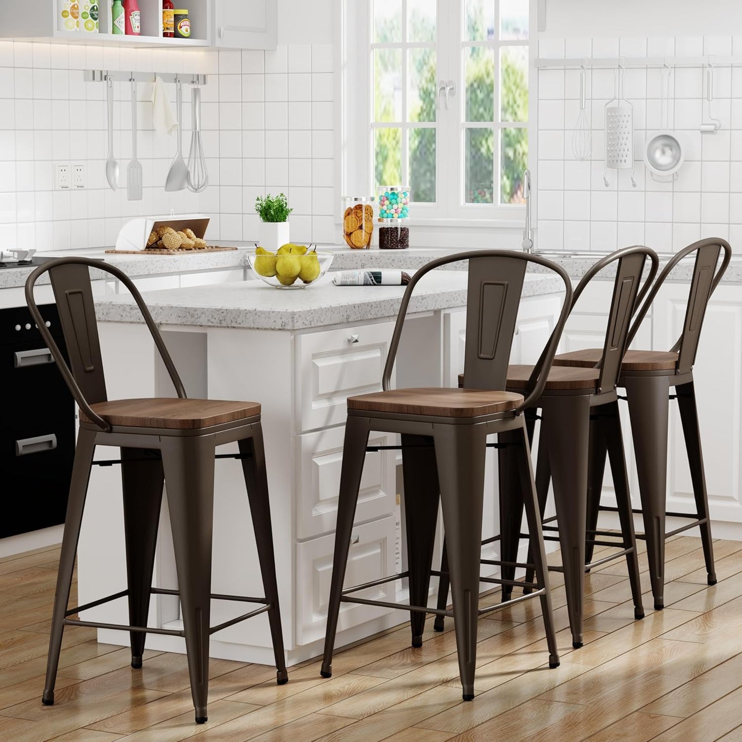 Yongqiang 30 inch Metal Bar Stools Set of 4 Bar Height Stools Kitchen Island Barstools High Back Bar Chairs with Large Wooden Seat Industrial Rusty