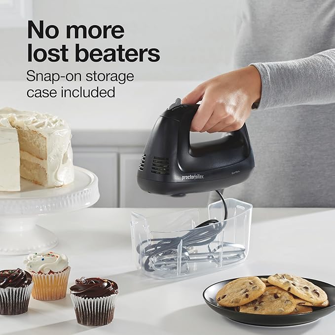 Proctor Silex Easy Mix 5-Speed Electric Hand Mixer with Bowl Rest, Compact and Lightweight, 215 Watts of Peak Power, Storage Case, Black (62512)