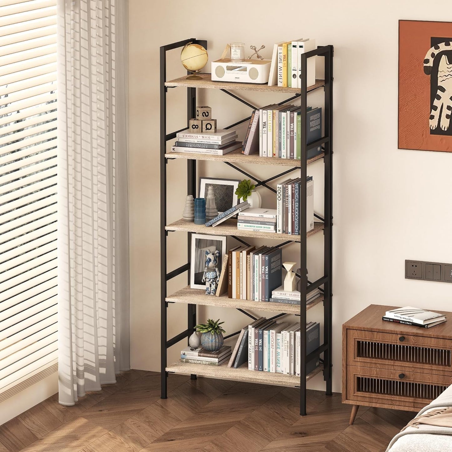 Folding Bookshelf,5 Tier Bookcase Foldable Shelf with X-Bracket Design, Adjustable Feet, Space Saving Storage for Living Room, Office