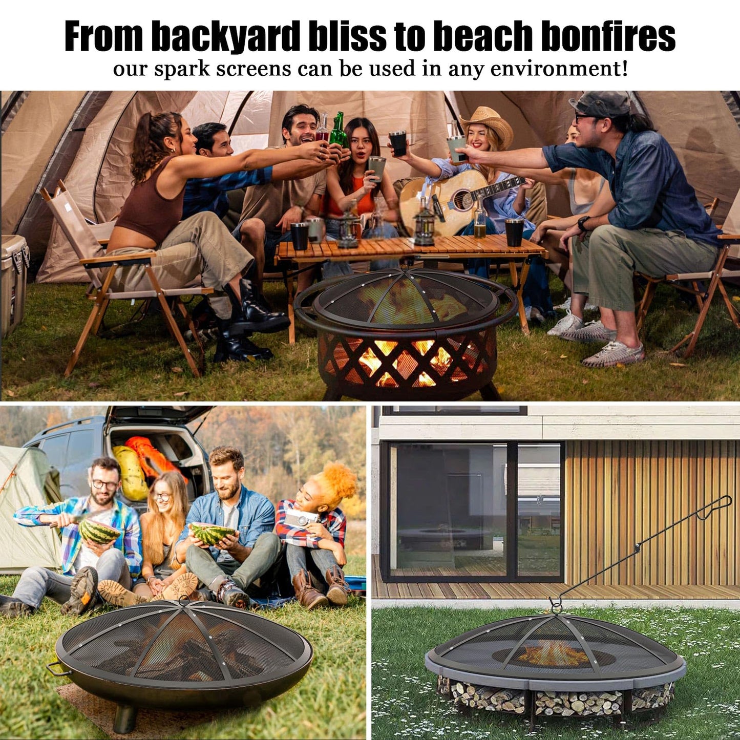 Fire Pit Spark Screen, 40Inch Fire Pit Lid Outdoor with Handle & Poker, Heavy-Duty Mesh Firepit Cove with 12 Reinforced Bars for Backyard/Beach/RV Camping