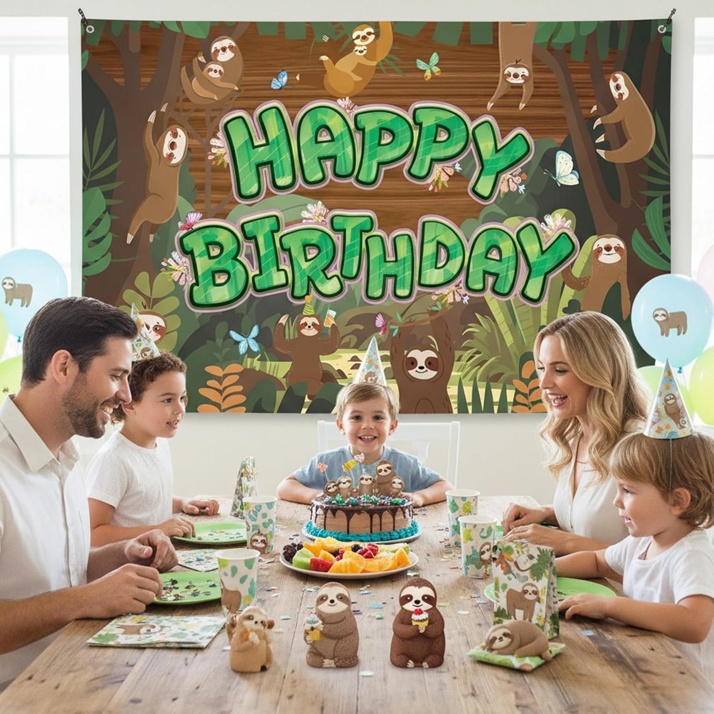 Sloth Happy Birthday Backdrop Banner - Cute Sloth Themed Birthday Photo Background with Tropical Leaves, Jungle Rainforest Cute Animal Party Decorations for Kids Boys Girls