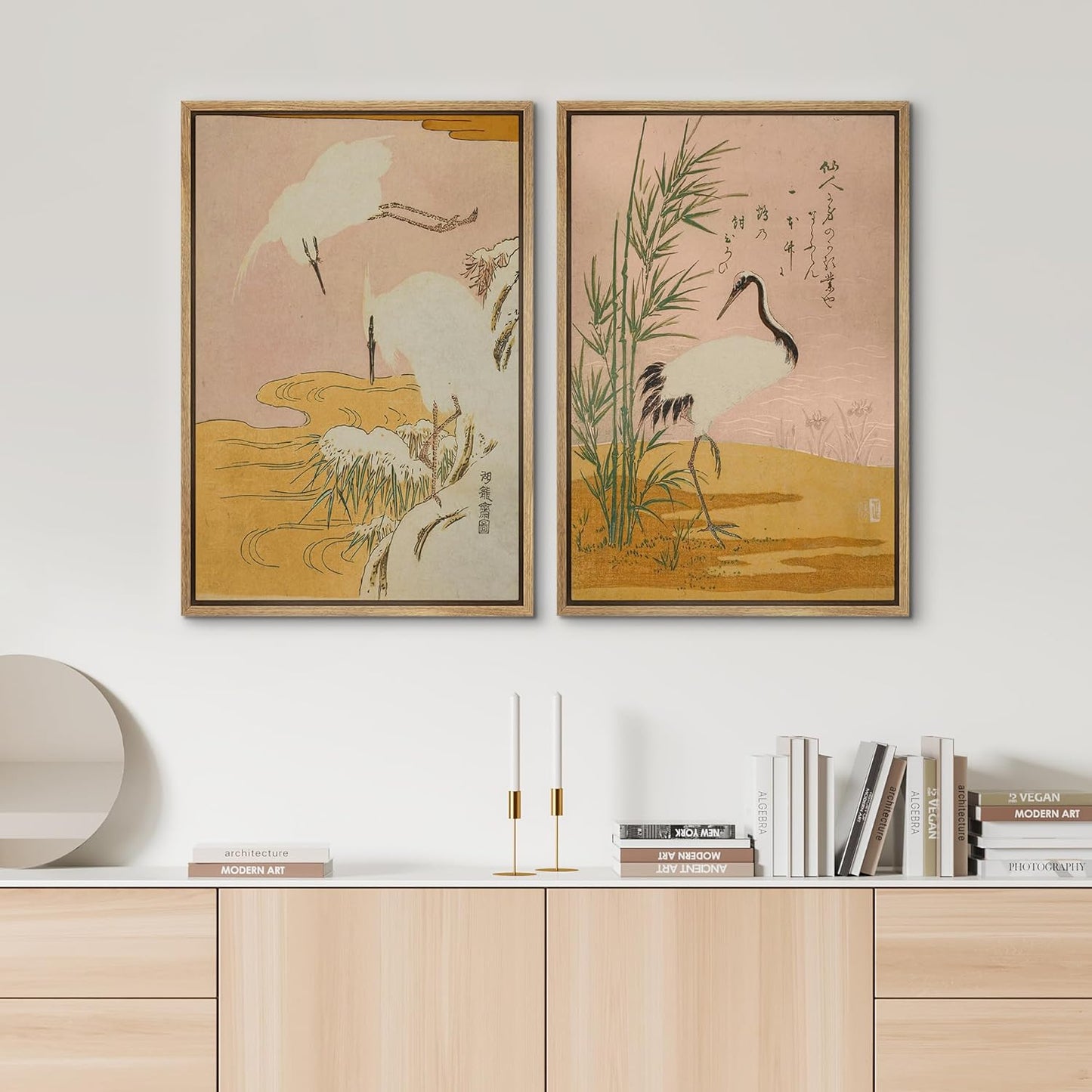SIGNWIN Framed Canvas Print Wall Art Set Japanese Crane Vintage Style Bird and Bamboo Illustrations Modern Art Rustic Minimal for Living Room, Bedroom, Office - 16"x24"x2 Natural