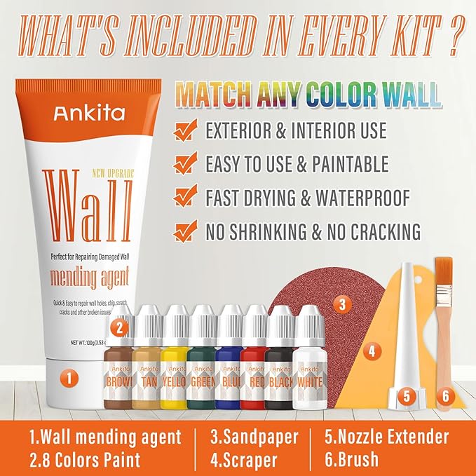 Spackle Wall Repair Kit(Color Match), Drywall Repair Filler for Wall Hole, Exterior Wall Putty for Filling Holes, Wall Mending Agent with Scraper, Easy Patch Paste Solution to Fill Wall Dent & Scratch