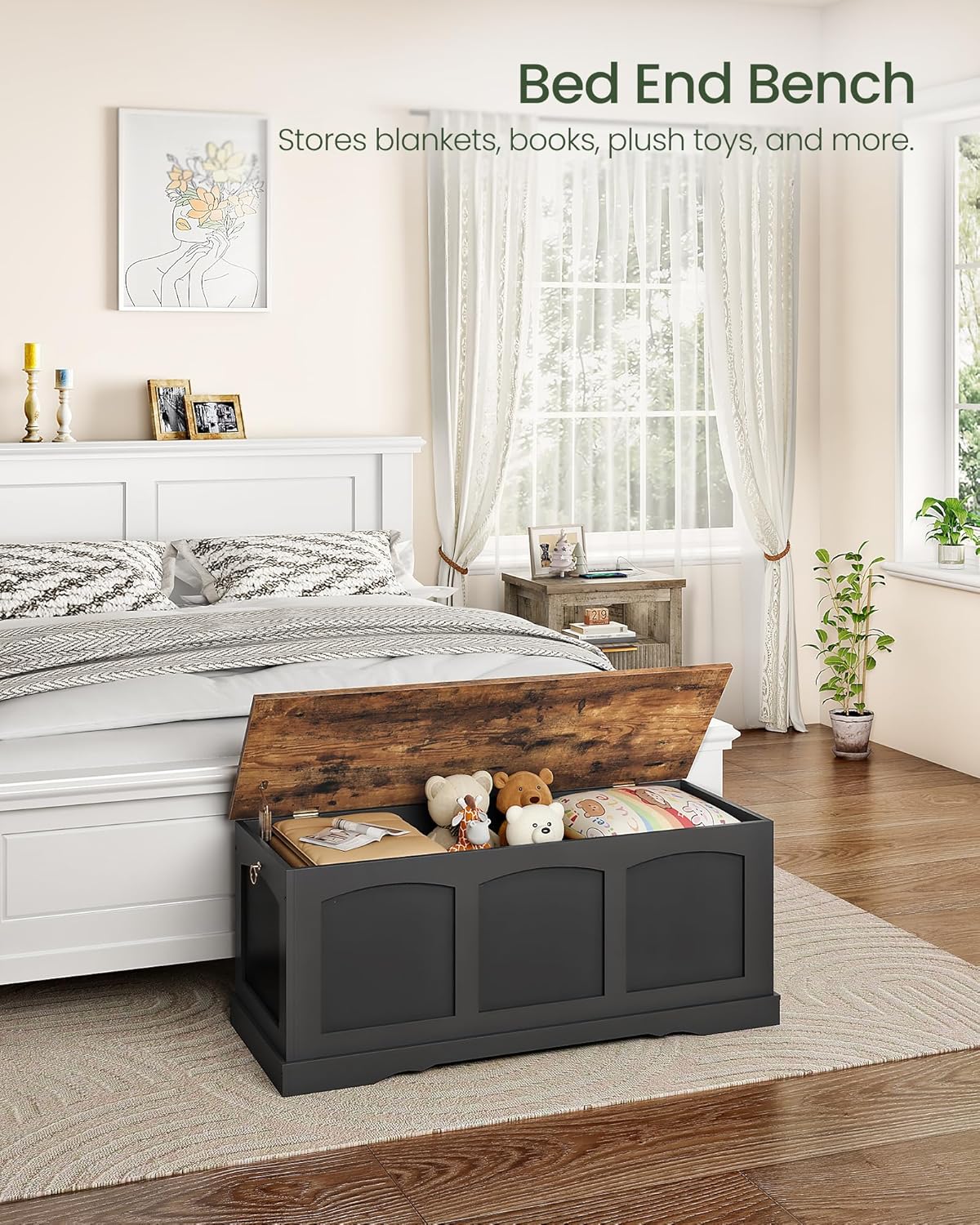 39.4" Storage Chest Bench with Lift Lid, Toy Chest with Safety Hinge, Entryway Shoe Bench, Wooden Storage Trunk, Holds up to 220 lb, for Living Room, Bedroom, Black and Rustic Brown MCW12BF