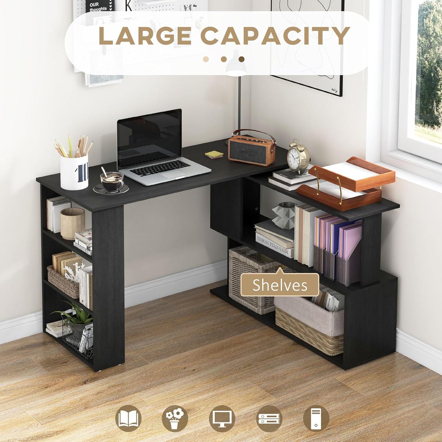 HOMCOM L Shaped Desk, Corner Computer Desk, 360 Degree Rotating Home Office Desk with Storage Shelves, Writing Table Workstation, Black