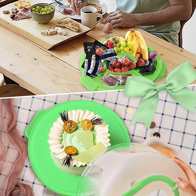 Green Plastic Cake Carrier with Lid and Handle, 4 in 1 Multipurpose Cupcake Holder Stand Platter for 10'' Cake, Portable Dessert Storage Container Box with Cover for Pie Pizza Eggs Fruit Snack