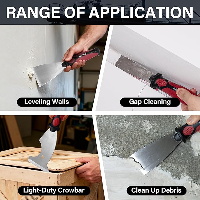 HAUTMEC Putty Knife 4 PC Set, 1.25",2",3" Paint Scraper & 3" 8-in-1 Paint Stripper, Heavy Duty Stainless Steel Blade and Hammer End for Removing Wallpaper, Plaster, Cement 25060
