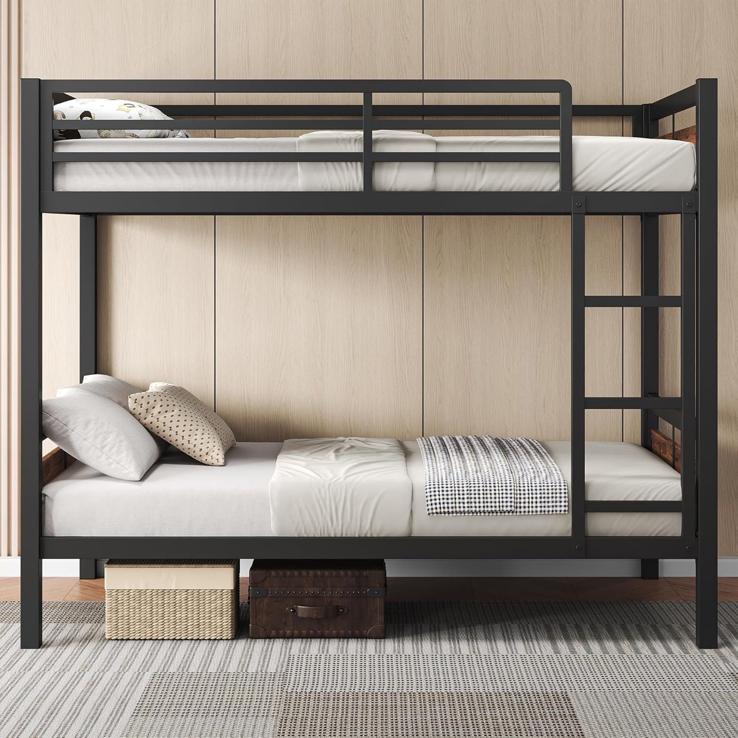 Feonase Metal Bunk Bed Twin Over Twin with Ladder and High Guardrail, Heavy-Duty Metal Slats Support, Noise Free, No Box Spring Needed, for Kids and Juniors, Vintage