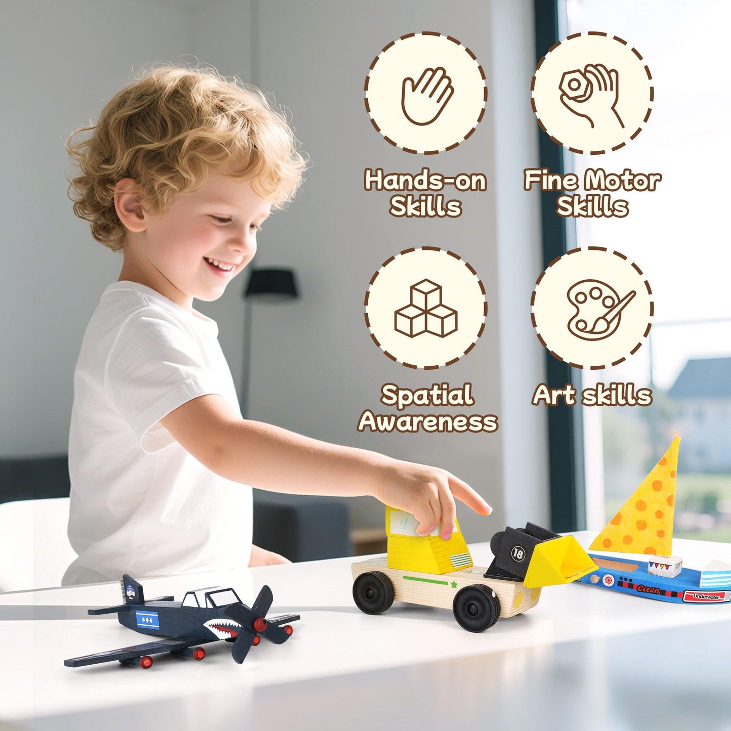 Wooden Build Paint Art Crafts Kit 3 Pack, Make Your Own Car Boat & Plane DIY Craft Toys for Kids Boys, STEM Educational Toy Set for Kids Ages 4-8, 8-12