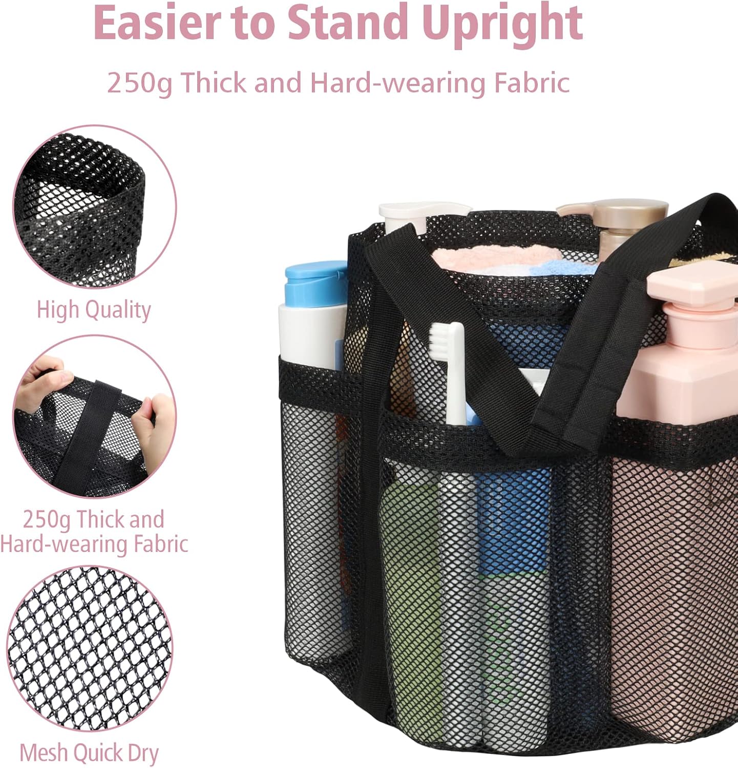 F-color Mesh Shower Caddy Portable, Shower Basket Tote for College Dorm Room Gym Rv Essentials, 8.5" Deeper Pocket Quick Dry Bathroom Caddy Bag with S Hook, 2 Packs Black
