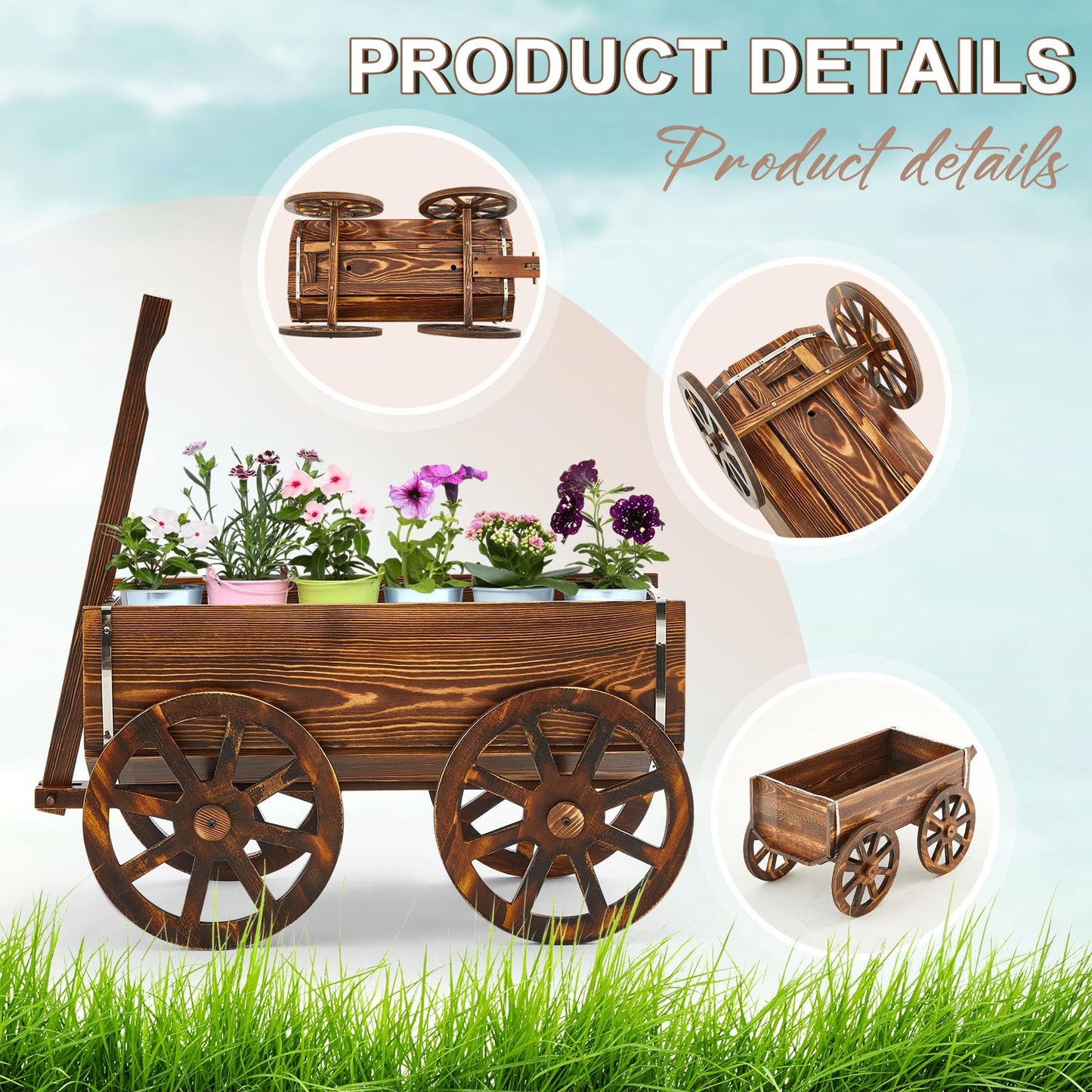 Beeveer Wooden Wagon Flower Planter Cart Garden Planter Box with Wagon Wheels Cart for Home Garden Outdoor Balcony Decorative, Patio Flowers Herbs Vegetables, Brown 23.23 x 11.41(Classic)