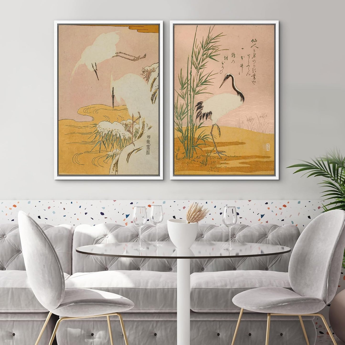 SIGNWIN Framed Canvas Print Wall Art Set Japanese Crane Vintage Style Bird and Bamboo Illustrations Modern Art Rustic Minimal for Living Room, Bedroom, Office - 16"x24"x2 White