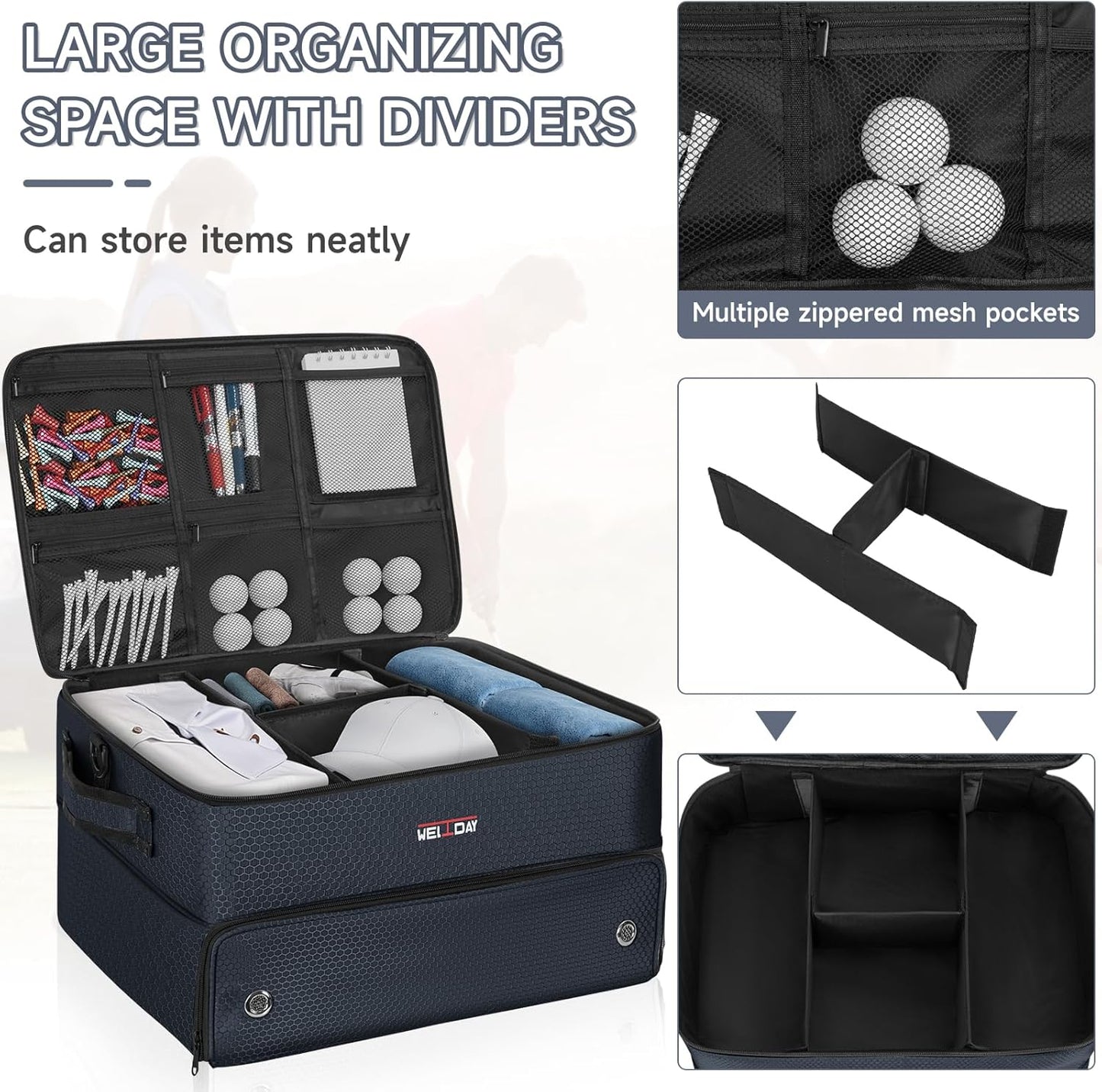 ANILD Golf Trunk Organizer, 2 Layer Golf Storage Case with Separate Ventilated Compartment for 2 Pair Shoes, for Balls, Tees, Clothes, Gloves, Accessories, Golfer Gifts
