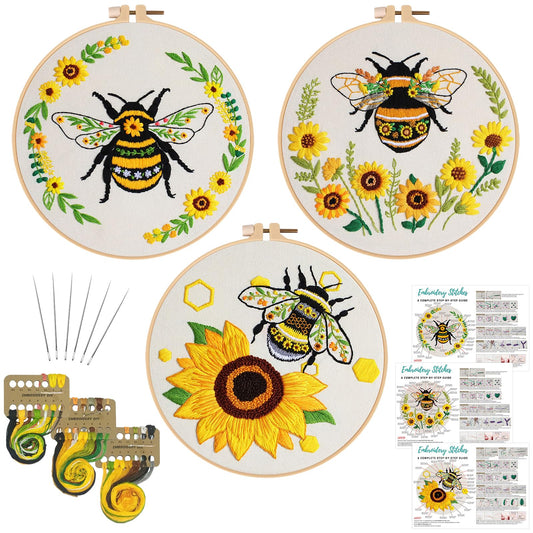 Nuberlic 3 Pack Embroidery Kit for Beginner Adults, Cross Stitch Set with Cute Bee Patterns, Includes Cloth, Hoops, Threads, Needles, Instructions