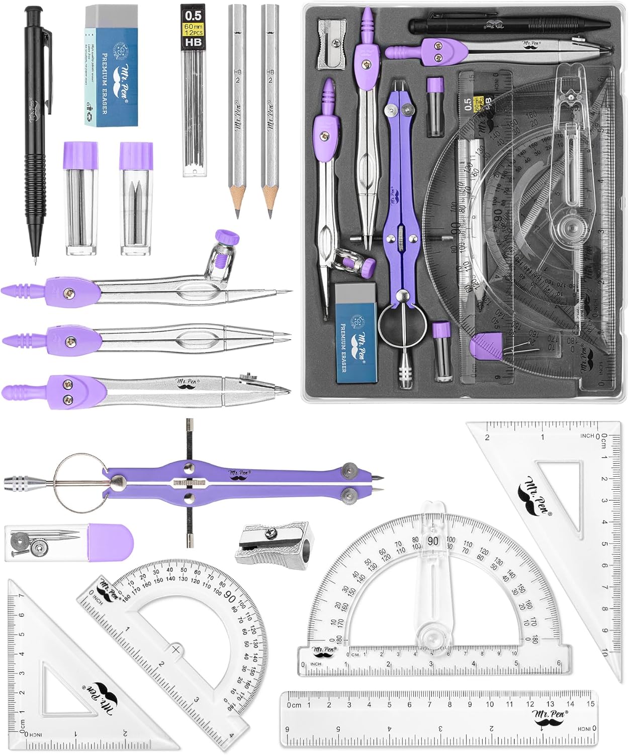 Mr. Pen- Geometry Set, 15 pcs, Purple, 6 Inch Swing Arm Protractor, Divider, Set Squares, Ruler, Compasses and Protractor