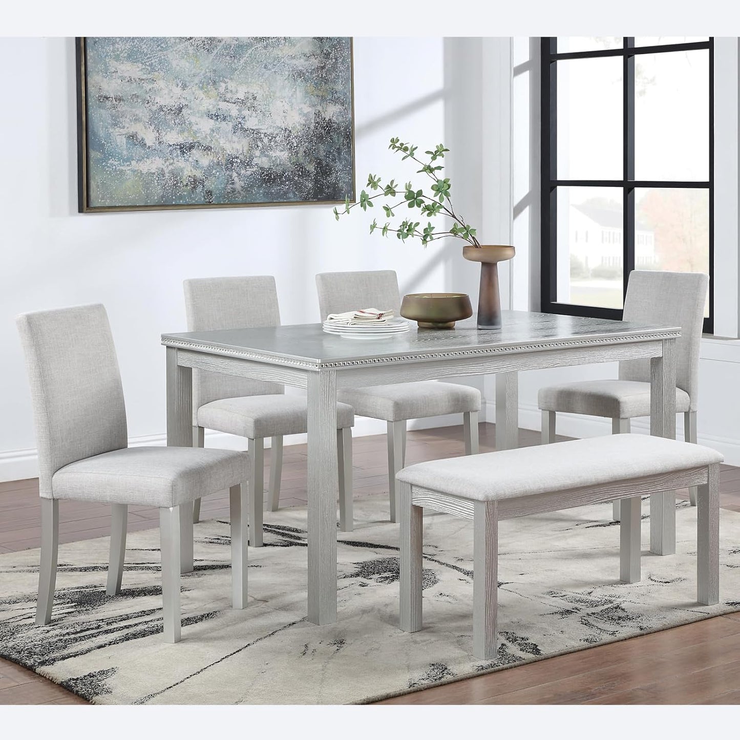 KEIKI 6-Piece Standard Height Dining Table Set with Rectangular Table, 4 Upholstered Chair, Bench, for 6 Person, Crystal Decoration Table Set, Easy Assembly, for Kitchen, Dining Room, Silver Grey