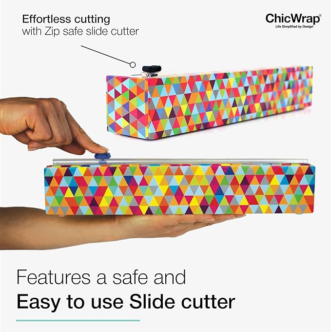 Chicwrap Triangles Refillable Plastic Wrap Dispenser - Includes One 12" x 250' Roll of Professional Grade Plastic Wrap - BPA Free and Kosher Certified - Reusable Dispenser w/Slide Cutter