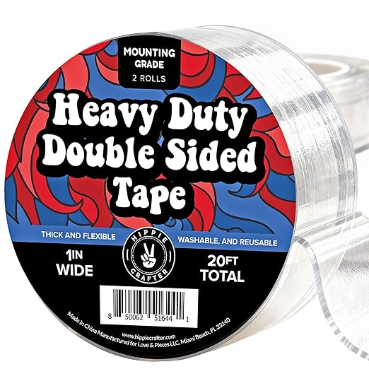 HIPPIE CRAFTER Strong Double Sided Tape Heavy Duty Wall Tape or Mounting Transparent Clear Nano Reusable and Removable Roll 1" x 10FT - 2 Pack