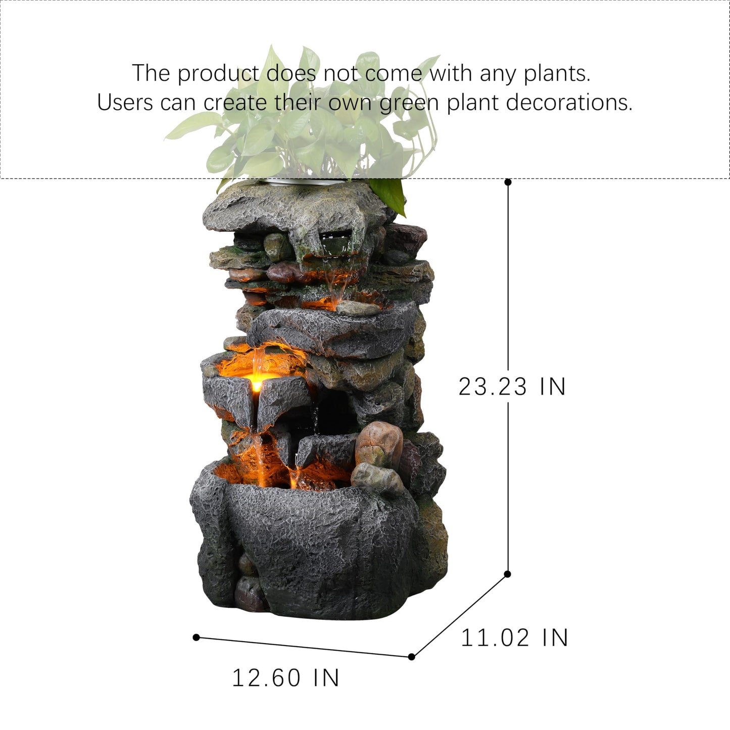 23" Tall Outdoor Water Fountain with Built-in Planter, 3-Tier Cascading Rock Waterfall with Warm LED Lights, Relaxing Zen Garden Fountain Decoration for Patio, Yard, Porch & Deck