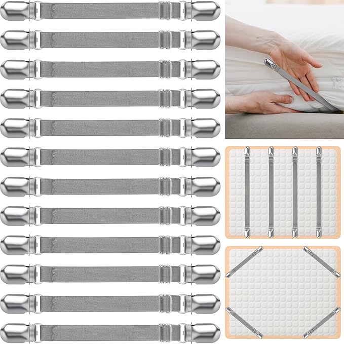 Boao 12 Pcs Bed Sheet Clips Straps Sheet Corner Straps Holder Adjustable Mattress Clips, Elastic Bed Grippers Suspender Fasteners Holder for Home (Grey,8-12 Inch Length)