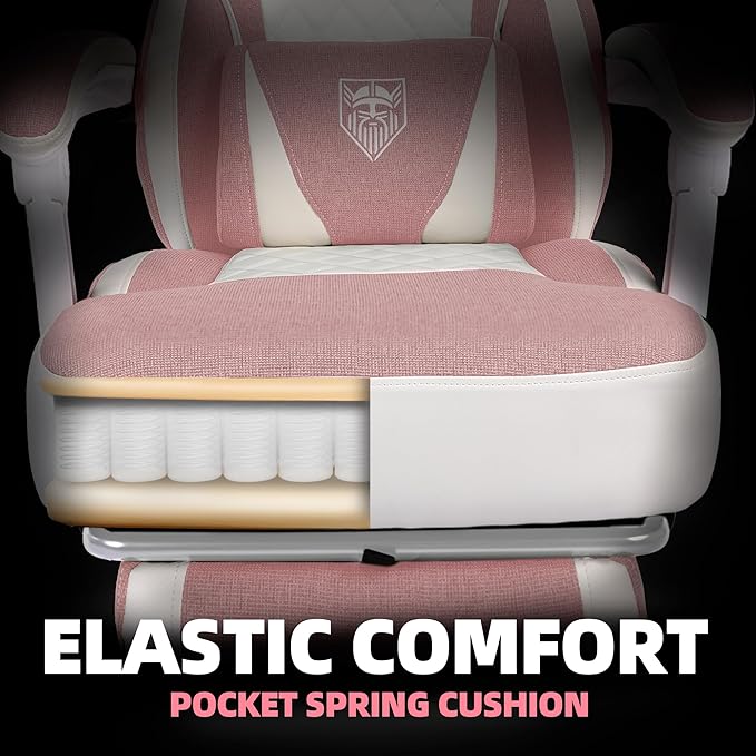 Vonesse Gaming Chair, Reclining Fabric Gaming Chairs for Adults 250LBS, Office Chair with Pocket Spring Cushion, Computer Chair with Footrest and Massage Lumbar Support (Pink)