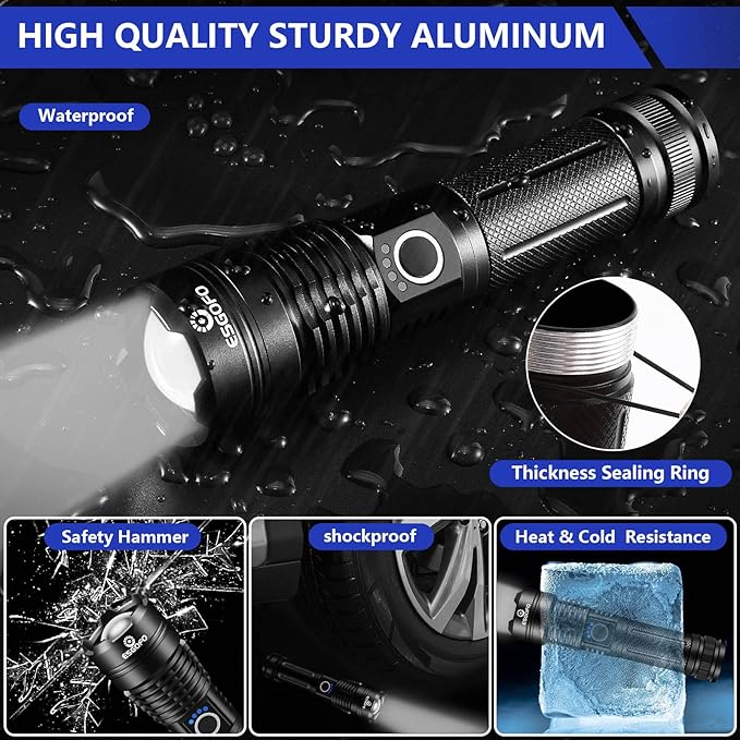 Esgofo Flashlights High Lumens 10000 Rechargeable, Super Bright Handheld LED Flash Light, Powerful Emergency Linternas, Waterproof, Long Lasting, for Hiking Camping Gift
