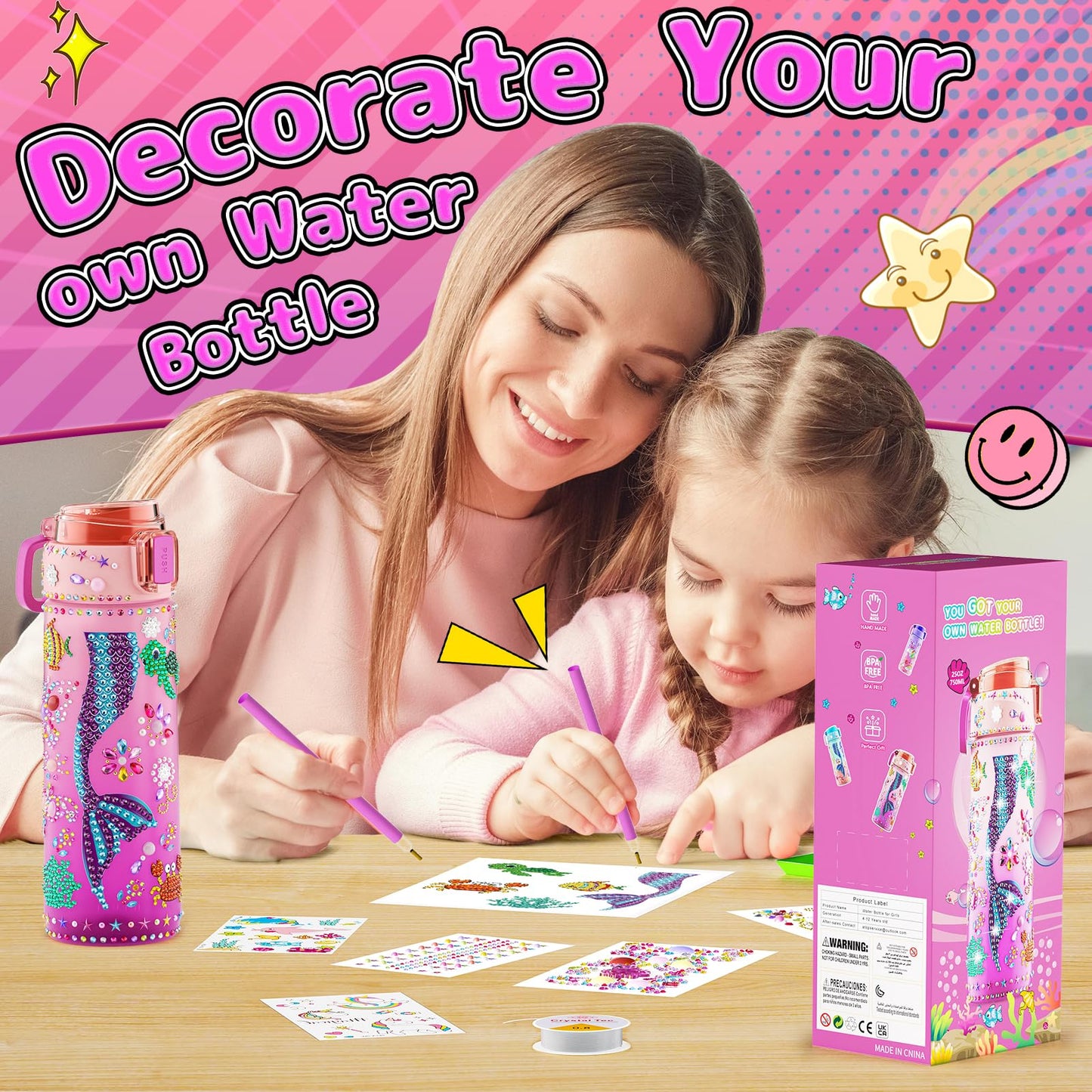 BOOH Decorate Your Own Water Bottle Kits for Girls, Mermaid Painting Diamond Art & Bracelet Making Kit for Girl, Crafts for Kids Ages 4-8, Birthday Christmas School Gifts (Mermaid)
