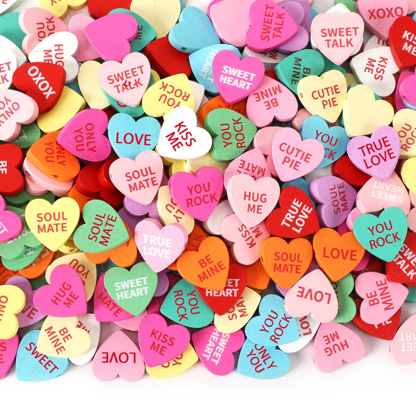 UPINS 300Pcs Conversation Heart Beads,Valentine's Day Wooden Heart Beads for Bracelets Garland Ornaments Craft Necklace Jewelry Making DIY Party Decor