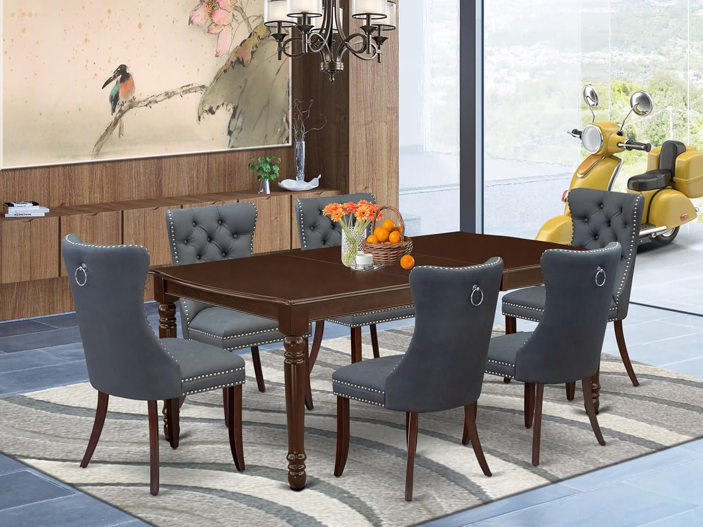 East West Furniture DODA7-MAH-13 7 Piece Kitchen Table Set Includes a Rectangle Dining Table with Butterfly Leaf and 6 Polyester Fabric Upholstered Chairs, 42x78 Inch, Mahogany