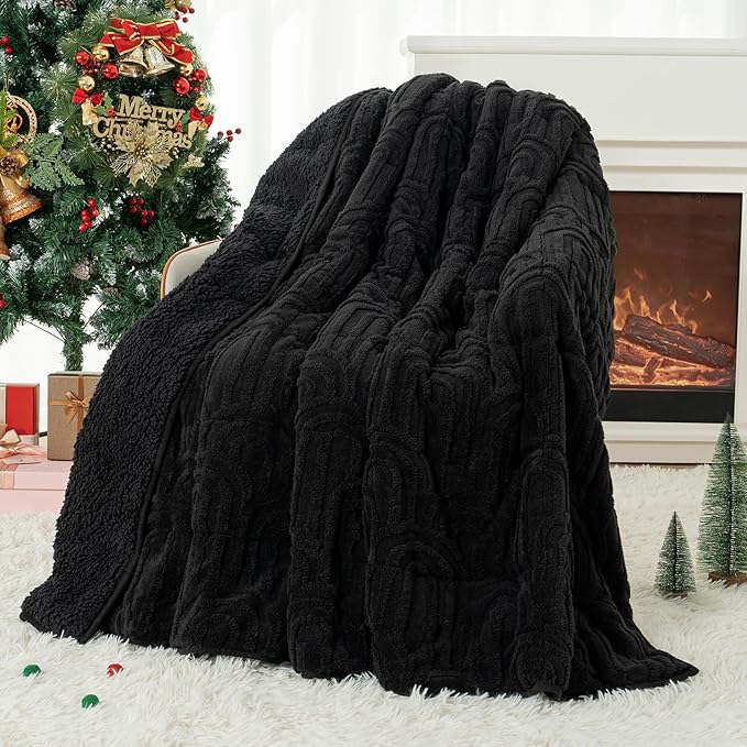 Cottonblue Jacquard Weighted Blanket for Adults 20 lbs Queen Size, Cozy Fluffy Sherpa Fleece Weighted Throw Blankets 60" x 80" for Sleep Relax, Fuzzy Warm Arch Heavy Blanket Soft for Bed Couch, Black
