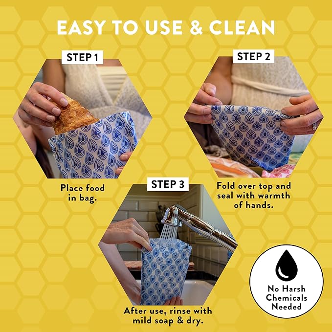 BeeBAGZ - Beeswax Wrap Storage Bag, Reusable Food Storage Bags, Pack of 3, Plastic Free Biodegradable Food Wrap Alternative, Starter Pack, 1 Small + 1 Medium + 1 Large, (Blue)