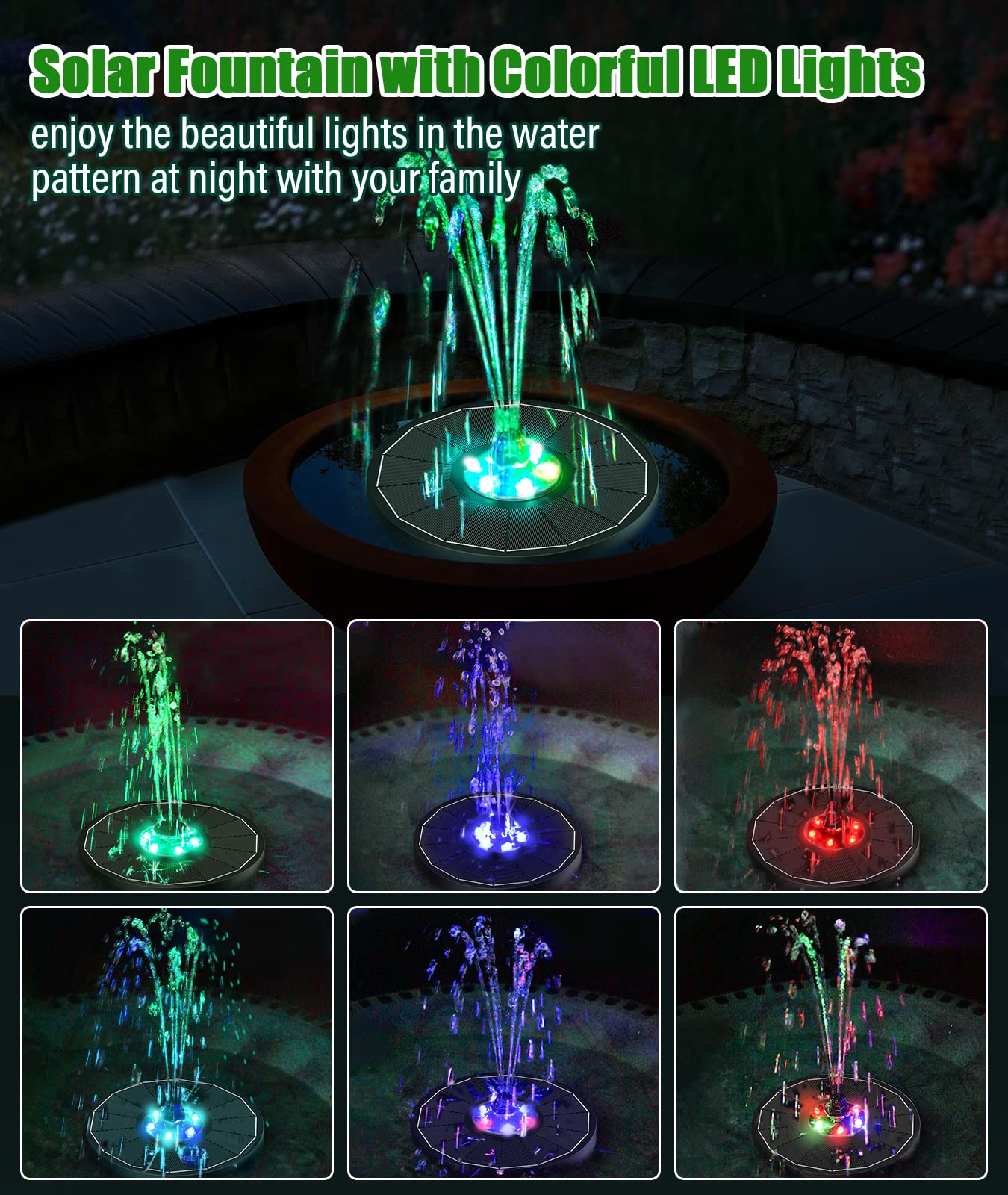 SZMP Solar Water Fountain Upgraded 100% Glass Panel, 3.5W Solar Powered Fountain Built-in 2000 Battery with 7 Nozzle & 4 Fixer, Solar Fountain Pump for Bird Baths, Fish Tank, Outdoor (Colorful)