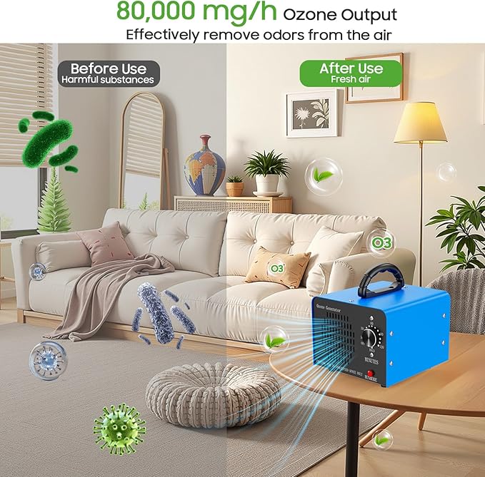 Ozone Generator Machine 100,000mg/h, High Capacity Ozone Odor Eliminator Removal Air Purifier for Home Car Pet & Basement Odor, Suitable for Spaces up to 7,000 Square Feet, Blue