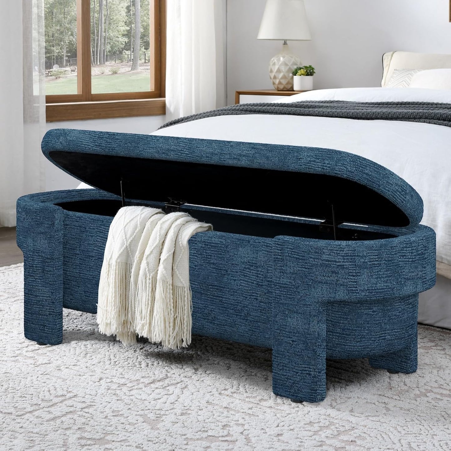 KEIKI 51" Linen Ottoman Bench with Large Storage Space, Upholstered Seating Foot Rest Stool Furniture for Bedroom, Living Room, Entryway, Dark Blue