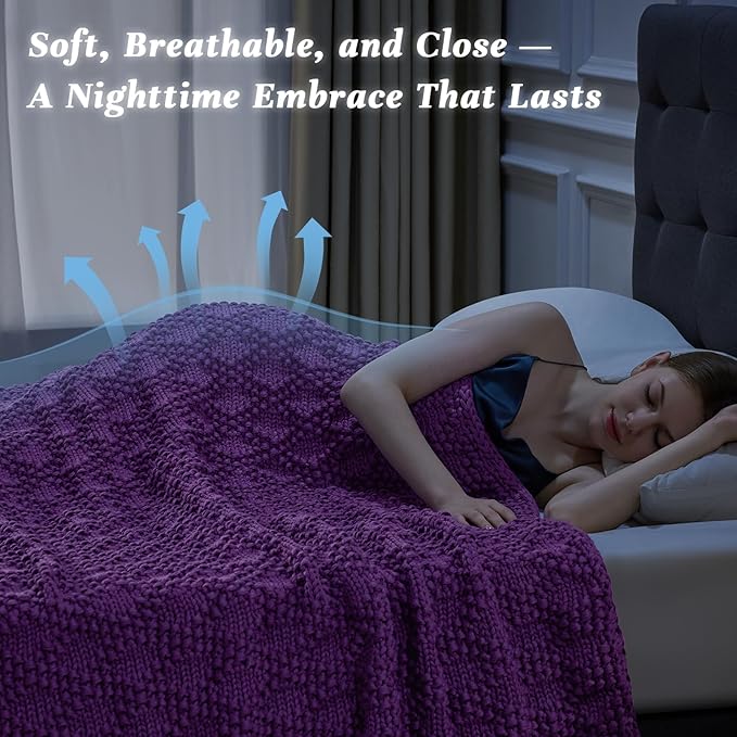 Knitted Weighted Blanket for Adult, Chunky Knit Weighted Throw for Sleep 60"*80" 20lbs, Cooling Breathable Machine Washable Heavy Blanket for Room Decor (Purple, Queen)