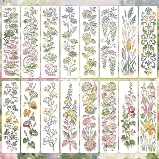 Flower Stencils for Crafts Reusable DIY Furniture Decor Art Painting Stencil 16Pcs Kit for Wood Embroidery Wall Silk Screen Journaling(11.8X2.9 Inch)