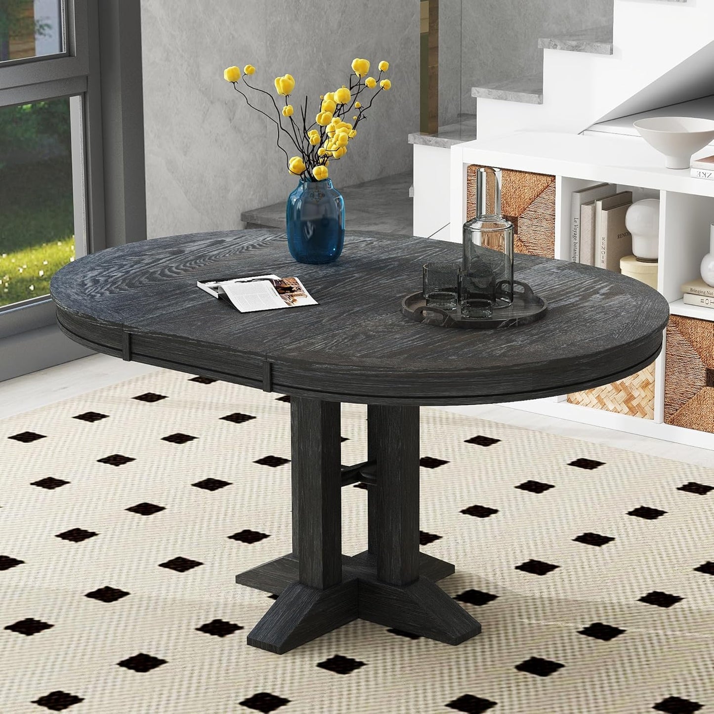 FULife Country Rustic Design Round Table with 14" Removable Leaf, Extendable Circular to Oval Solid Wood Tabletop with X-Shaped Trestle Legs, Space-Saving Kitchen-Tables for Dining/Living Room