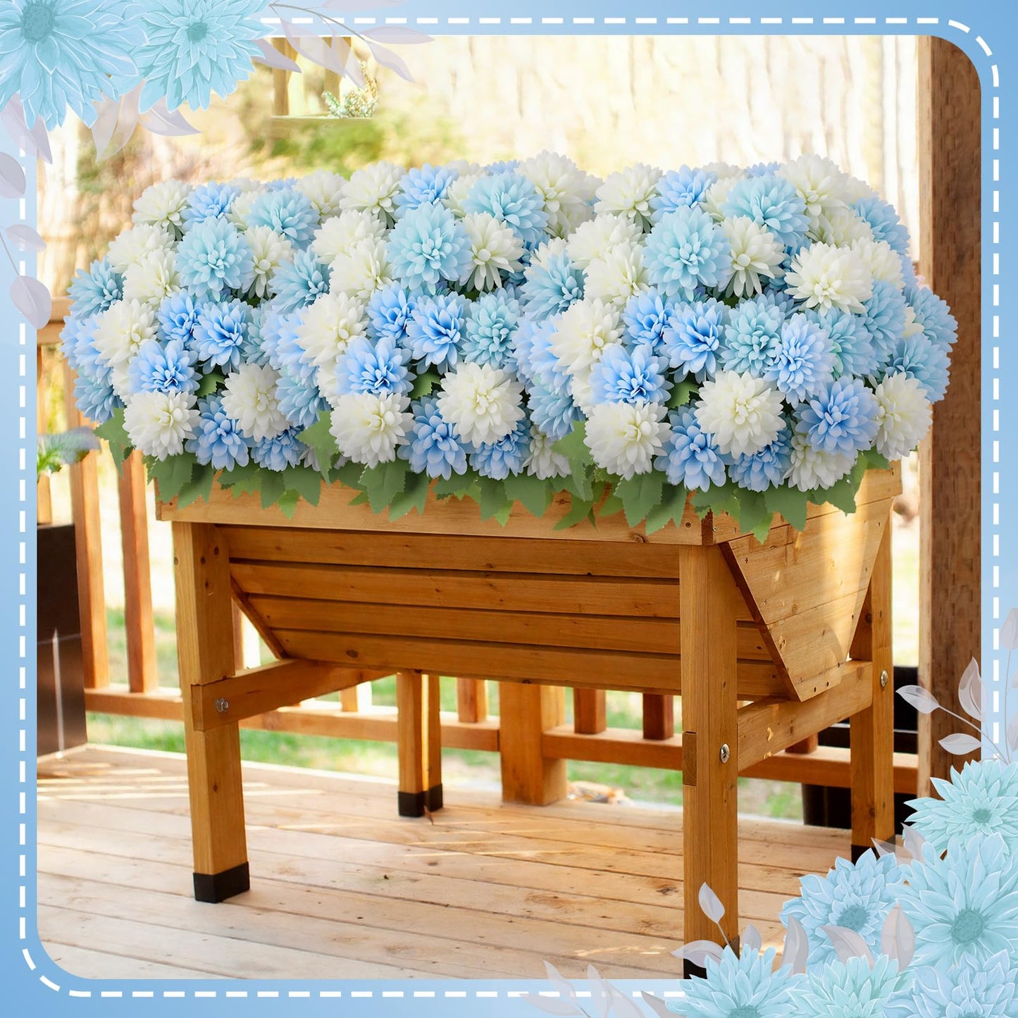 XunYee 12 Pcs Blue Artificial Flowers for Outdoor Decorations Spring Faux Chrysanthemums Mums Blue White Fake Flowers for Outside Garden Porch Window Patio Vase Table Wedding Home Decor