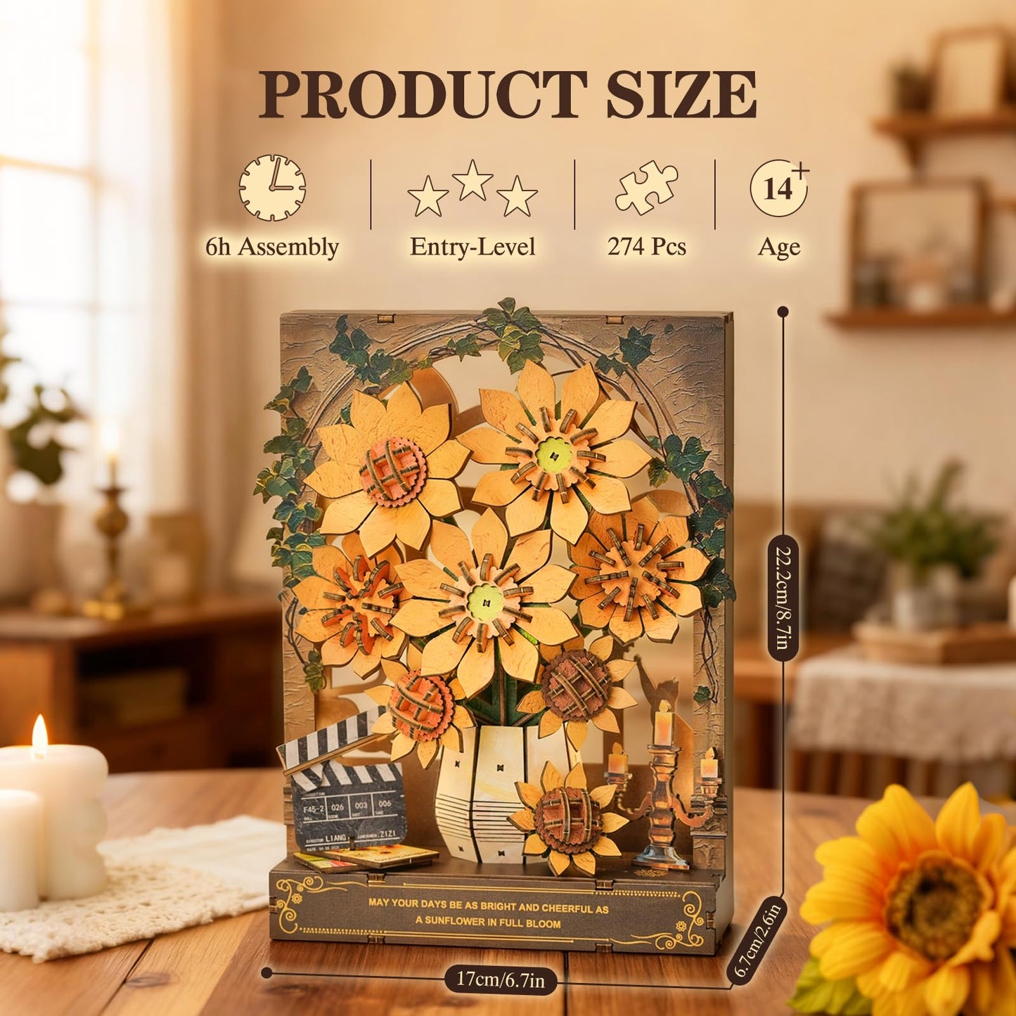 Cutywood 3D Wooden Puzzles for Adults - Sunflower 3D Art Wall Decor with LED Light, DIY Wooden Flowers Model Kit Building Set Crafts for Adults to Build Ideal Creative Gift for DIY Lovers