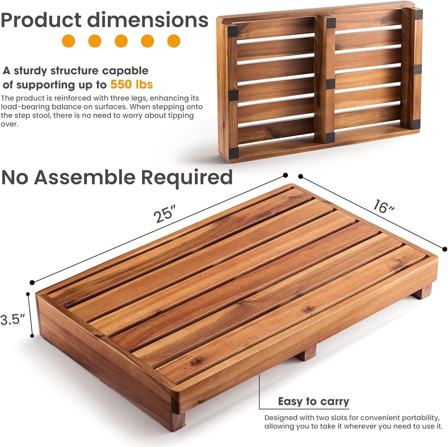 TINAMO 3.5" One Step Stool for Elderly, Acacia Wood High Riser Step Stool for Bed - 550 Lbs Wooden Mobility Stepping Stools for Adults, Kids/Bedside, Bathroom, Kitchen, Garden (Acacia, 3.5" Height)