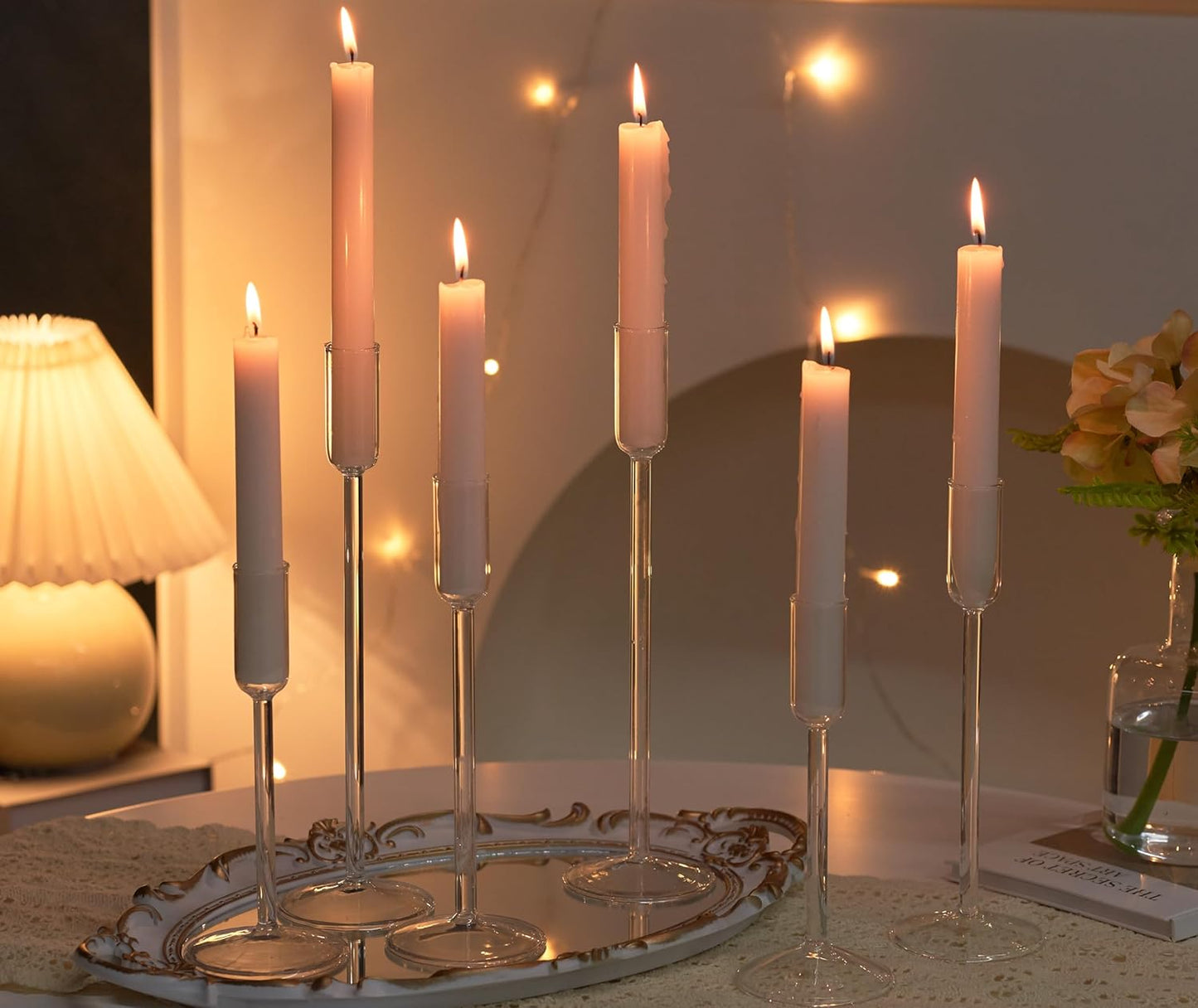 Willceka Candle Holder, Glass Taper Candle Tall Candlestick Holder, 3 Different Heights, for Table Centerpiece, Wedding, Party, Clear, 6pcs