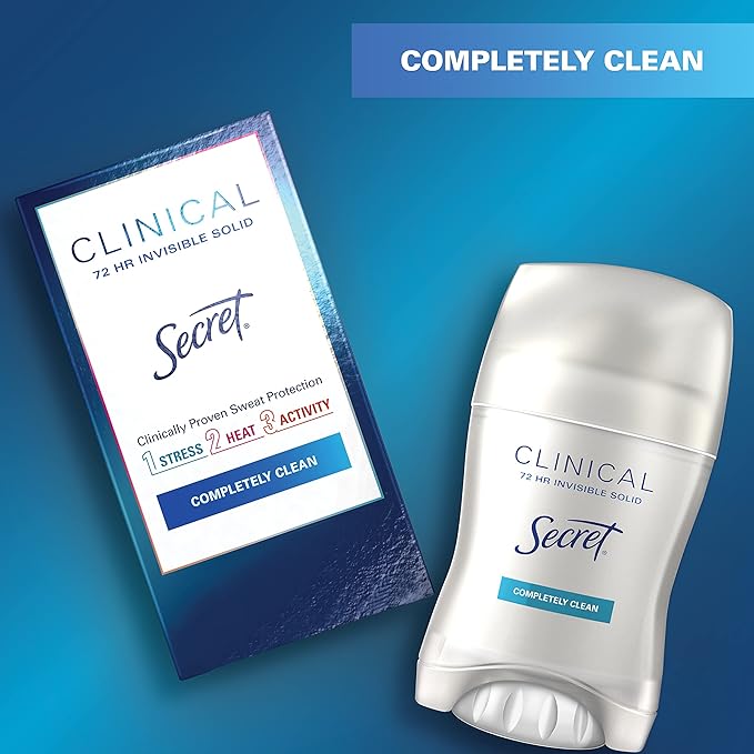 Secret Clinical Strength Antiperspirant and Deodorant for Women Invisible Solid, Completely Clean Scent, 72-hr Sweat Protection, 1.6 oz (Pack of 2)