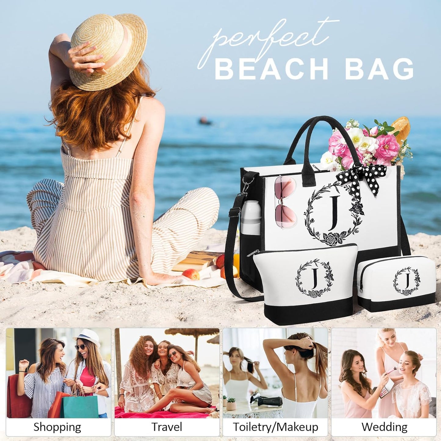Personalized Mothers Day Gifts for Mom Women, Initial Canvas Tote Bag & Makeup Bag Monogrammed Beach Tote Bag for Women w/Zipper, Birthday Gifts for Her Sister Friend Girlfriend Wife Daughter Teacher