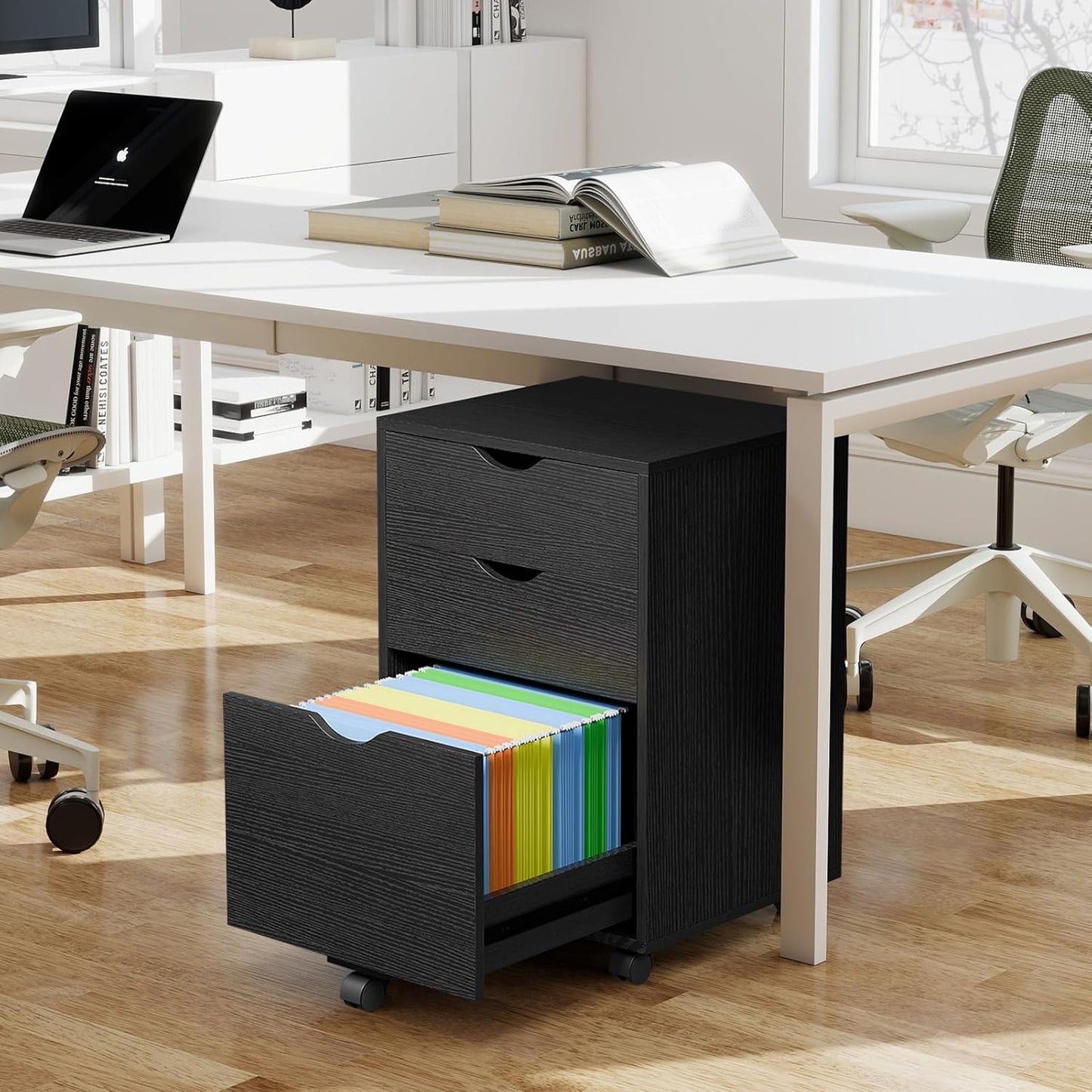 HollyHOME 3-Drawer Wood File Cabinet, Under Desk Cabinet for Home Office, Rolling Storage Shelf for Home, Printer Stand, for A4, Letter-Size Files, 11.8in Hanging File Folders, Black