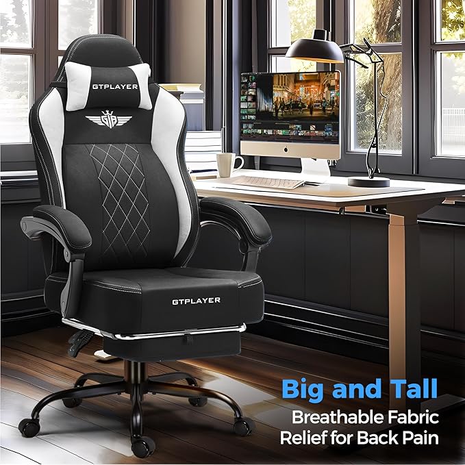 GTPLAYER Big and Tall Gaming Chair Breathable Fabric Computer Chair with Strong Lumbar Support, Comfortable Office Chairs with Pocket Spring Cushion, High Back Ergonomic Desk Chairs with Footrest