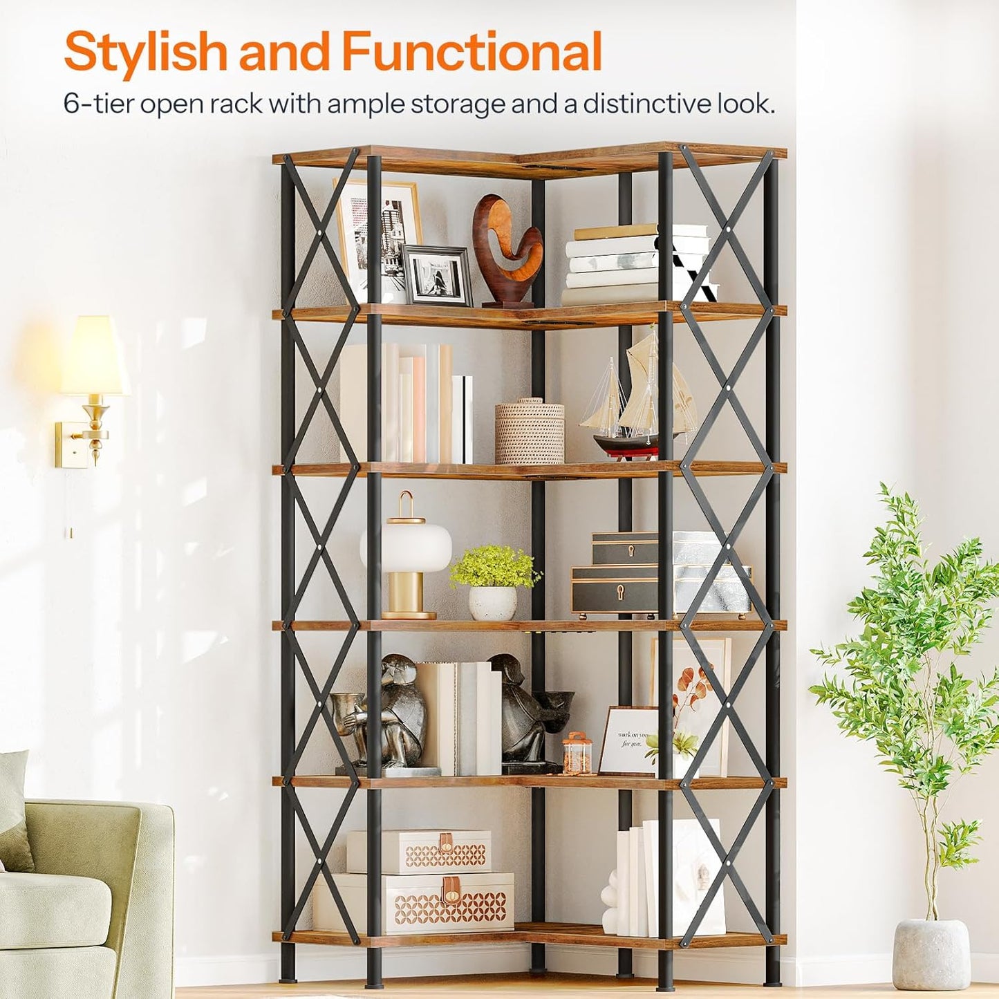HOOBRO Corner Bookshelf, 6-Tier L-Shaped Bookcase, Industrial Open Display Shelf Tall Storage Organizer, Vertical Storage Rack, for Living Room, Home Office, Rustic Brown and Black BF61SJ01