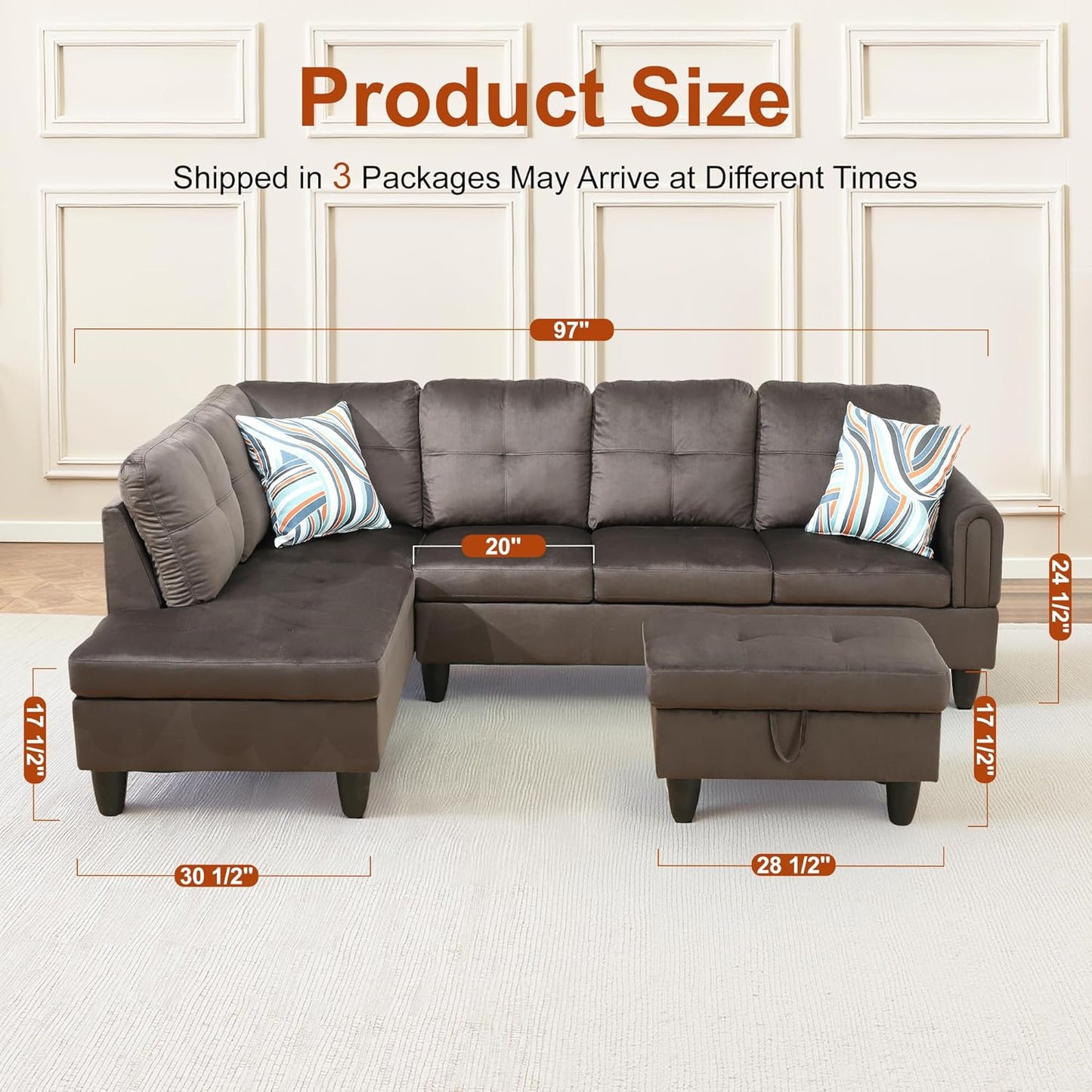 Osparple L Shaped Couch Sectional Couches for Living Room Upholstered Flannel 3 Pieces Modular Sectional Sofa with Chaise, Ottoman with Storage for Living Room and Small Apartment, Dark Brown