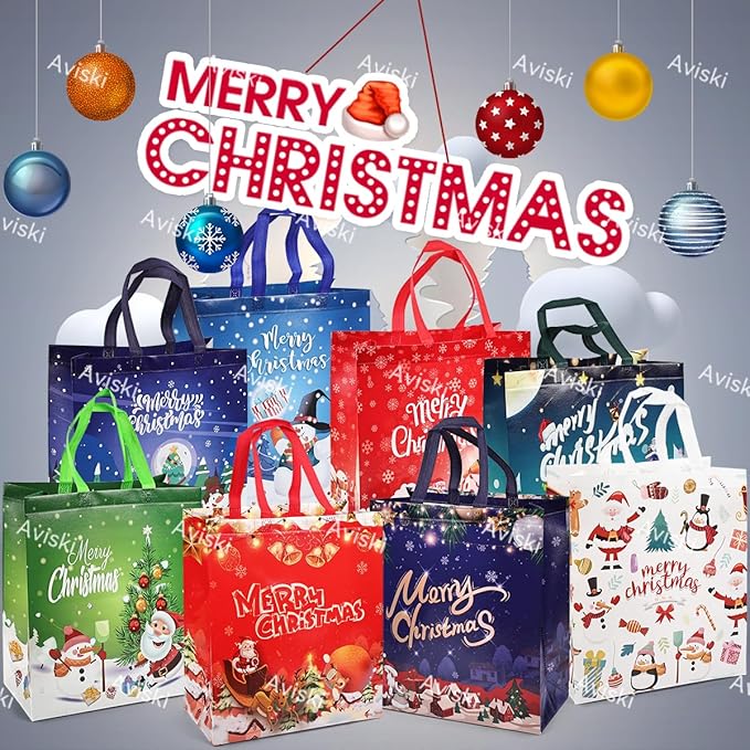 8PCS Christmas Gift Bags, Non-Woven Treat Tote Large Christmas Bags with Handles for Gifts Wrapping Shopping, Xmas Party Supplies, 15"×13.8"×5.9"